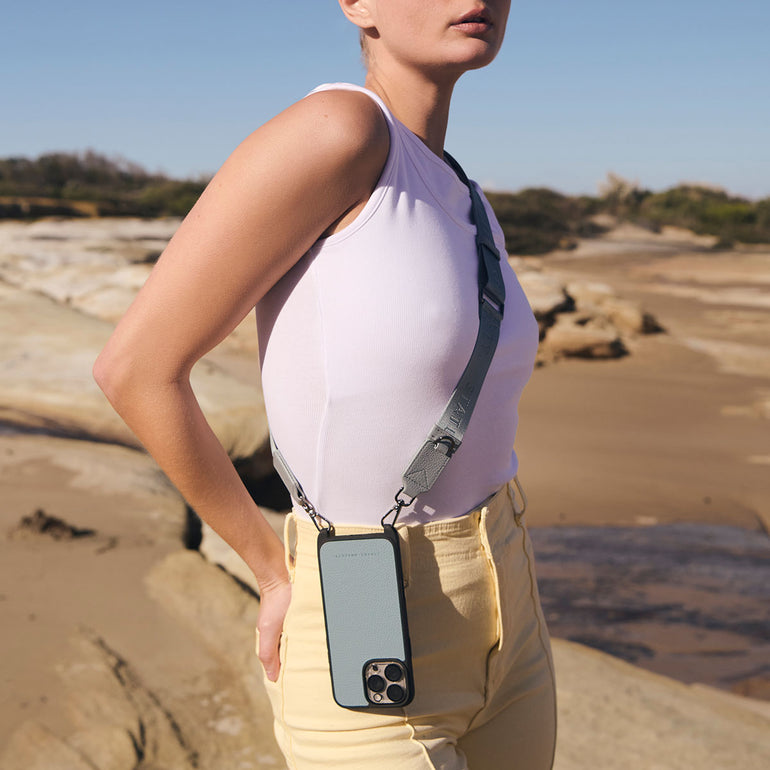 Status Anxiety Enough To Leave Leather iPhone Case Powder Blue