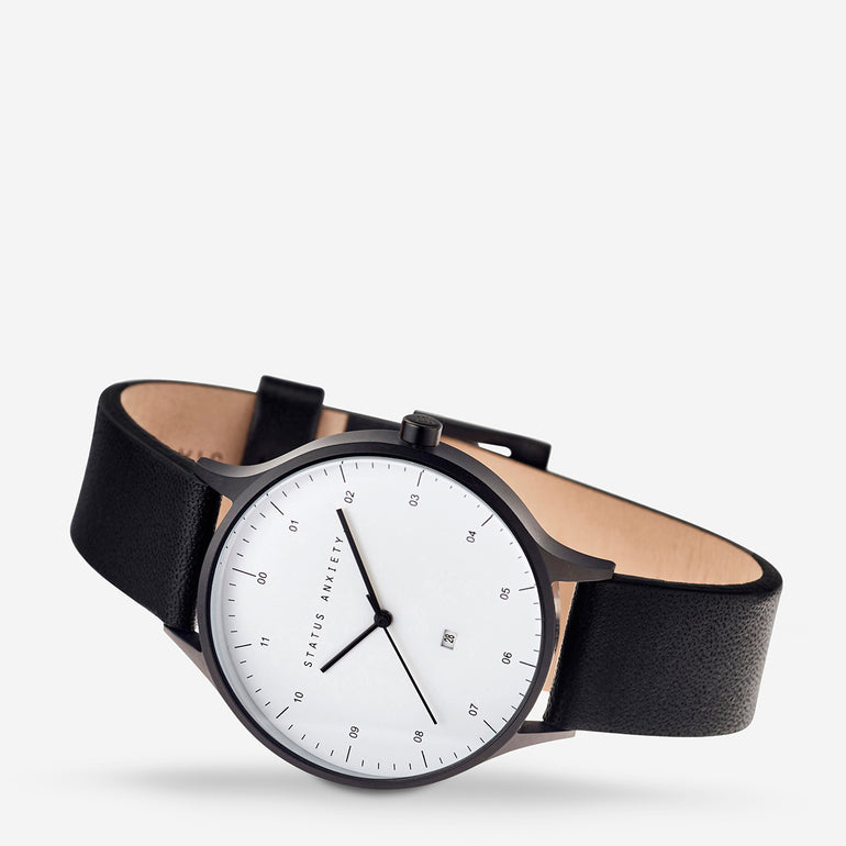 Status Anxiety Inertia Leather Watch White Face / Black Strap