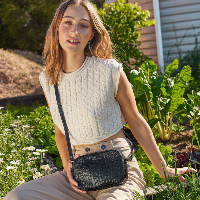 Status Anxiety Plunder Women's Leather Crossbody Bag Black Croc