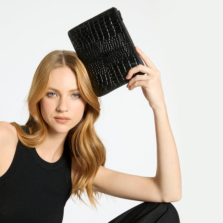 Status Anxiety New Day Women's Leather Pouch Wallet Black Croc
