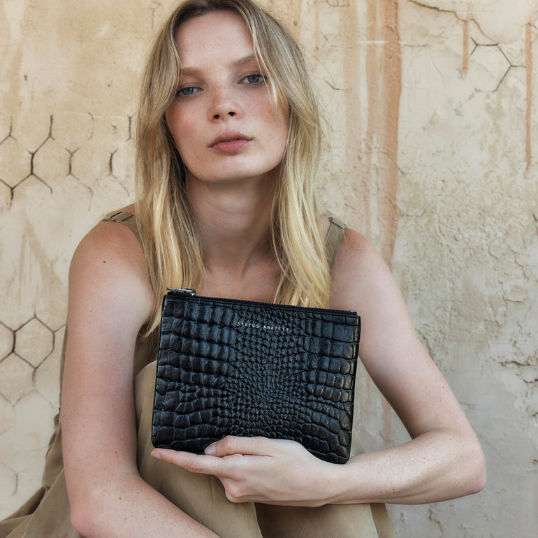 Status Anxiety New Day Women's Leather Pouch Wallet Black Croc