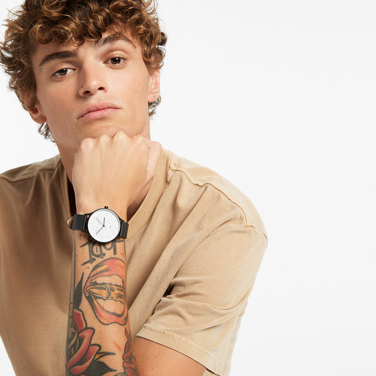 Status Anxiety Inertia Leather Watch White Face / Black Strap