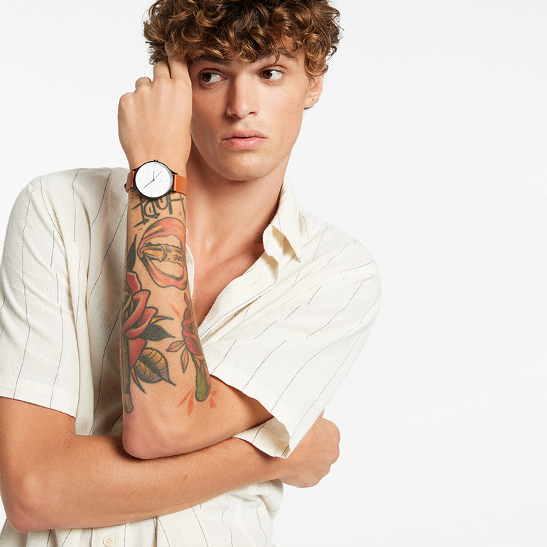 Status Anxiety Inertia Leather Watch White Face / Tan Strap